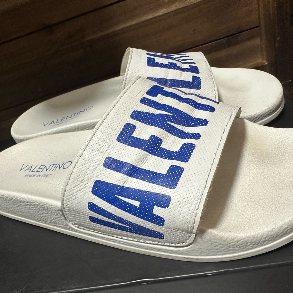 Valentino White Slides with Blue Logo